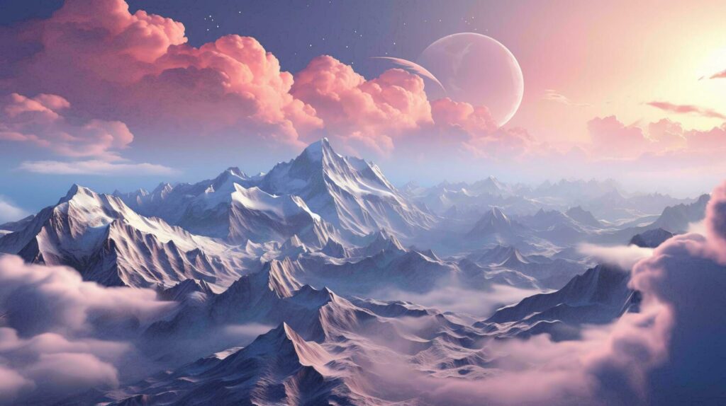 Top view of high mountains with snow caps on the peaks in nature against a pink beautiful sky, view from a drone. AI generated Stock Free