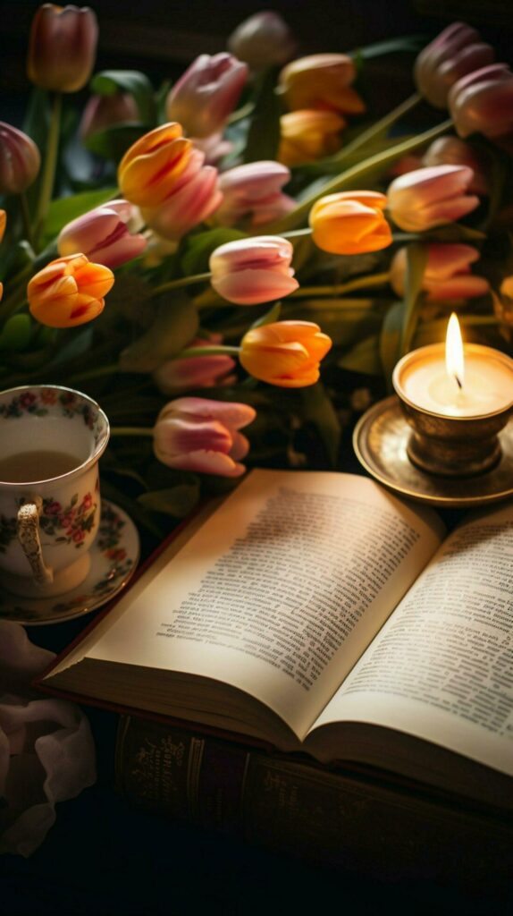 Top view Open Bible, tulips, sweater, tea, and candles in flat lay Vertical Mobile Wallpaper AI Generated Free Photo