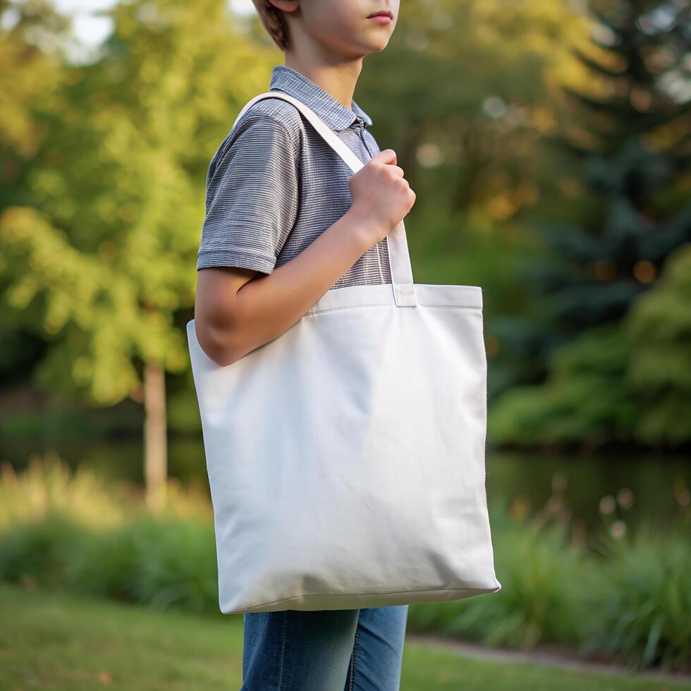 Tote bag mockup. Boy carrying reusable white cotton linen eco organic fabric canvas blank totebag with natural green leaves trees background. Stock Free