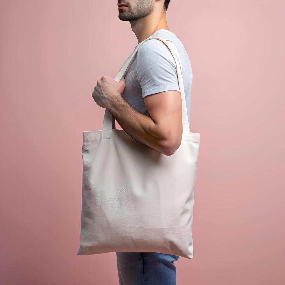 Tote bag mockup. Man holding reusable white cotton linen eco organic fabric canvas blank totebag on pink background Stock Free