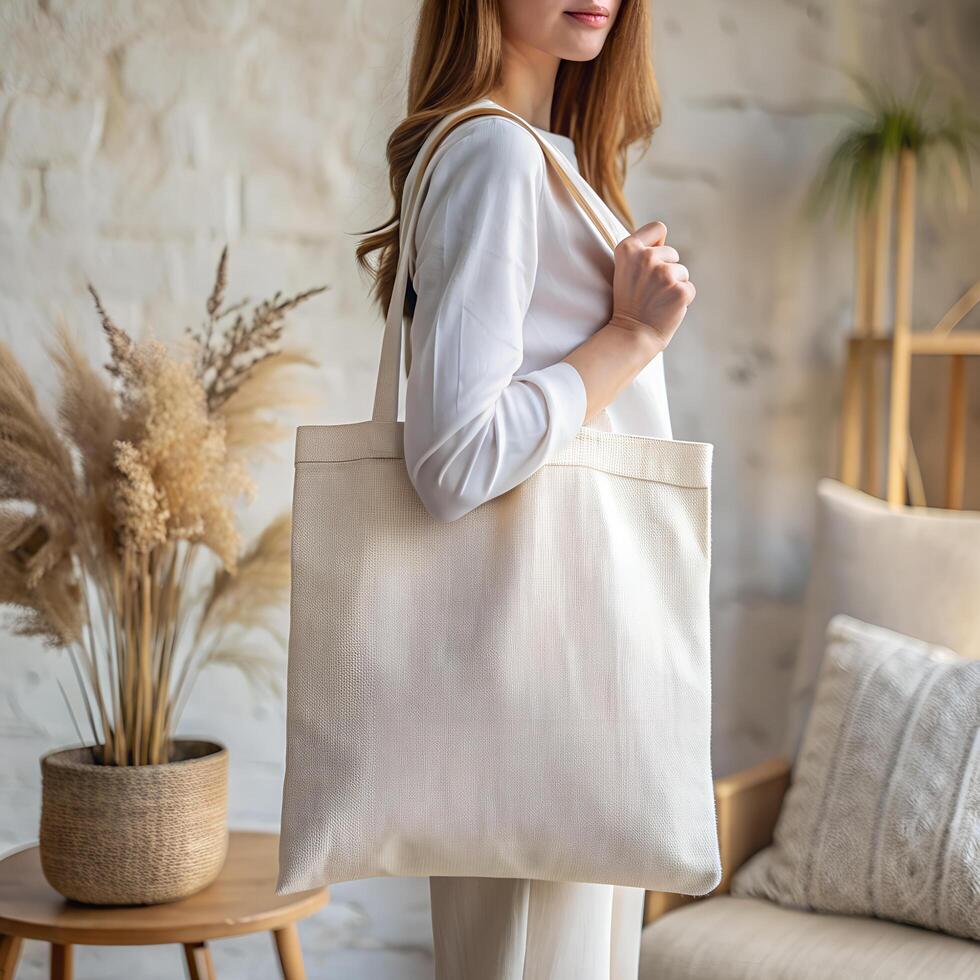 Tote bag mockup. Woman carrying reusable white cotton linen eco organic fabric canvas blank totebag on soft earth tone cozy room background Stock Free