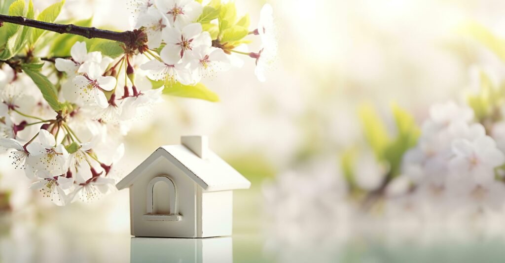 Toy house and cherry flowers, spring abstract natural background. Generative AI Free Photo