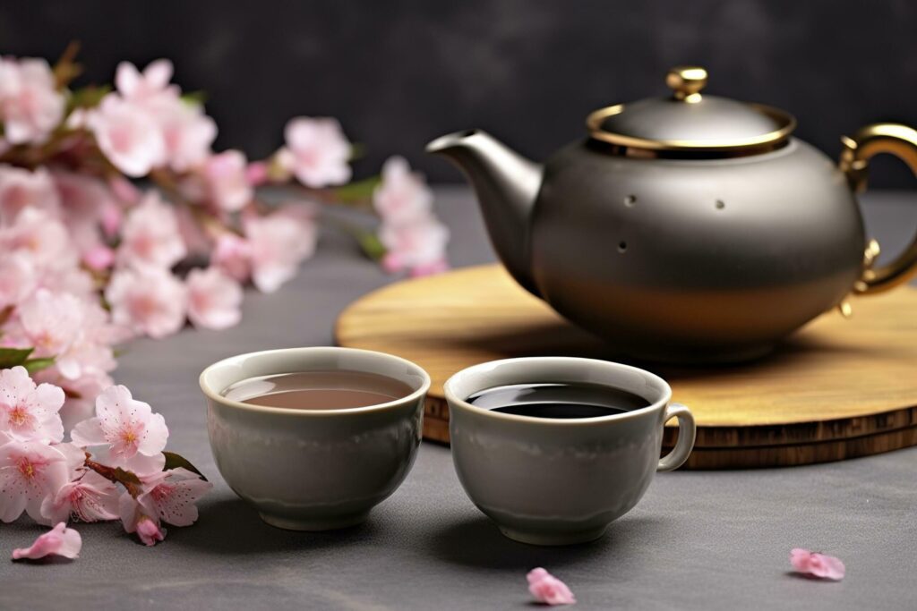 Traditional ceremony. Cups of brewed tea, teapot and sakura flowers on grey table. Generative AI Free Photo