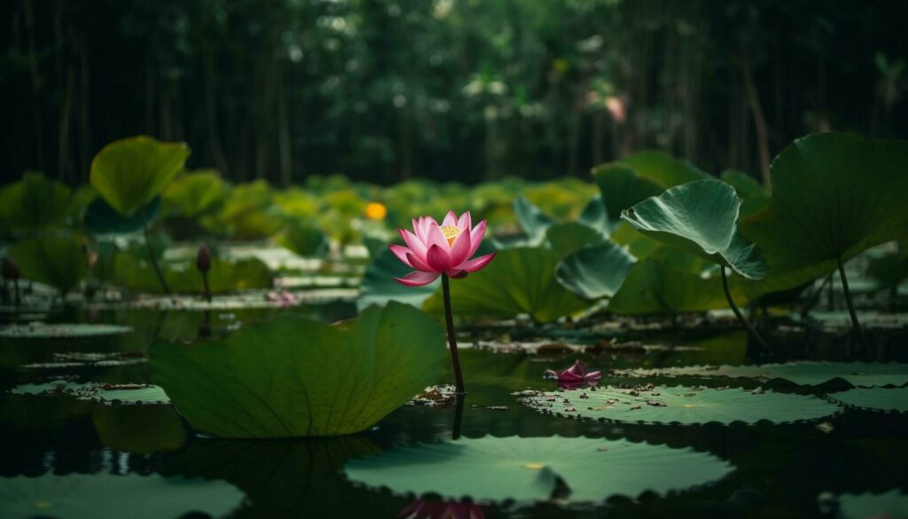 
									Tranquil lotus blossom reflects beauty in nature generated by AI Stock Free