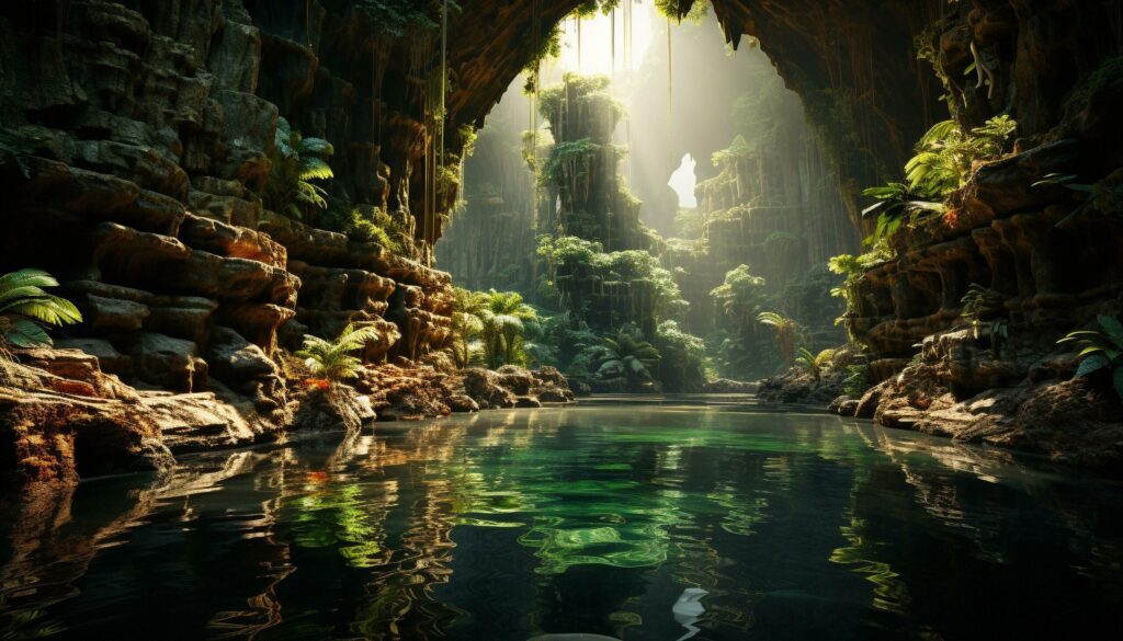 Tranquil scene of a tropical rainforest, with flowing water underground generated by AI Free Photo