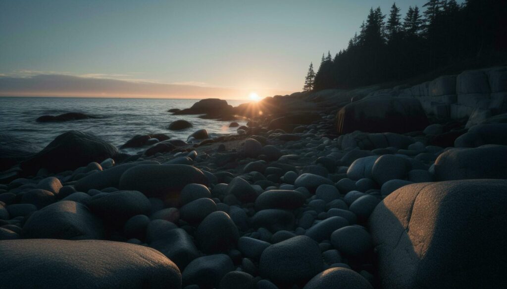 Tranquil sunset over rocky coastline, water reflects beauty of nature generated by AI Stock Free