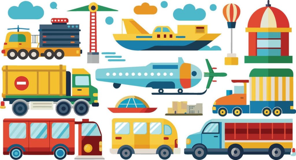 transportation icons set with various vehicles and buildings Stock Free