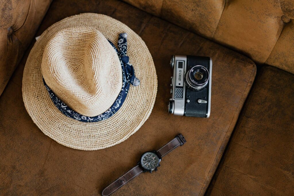 Travel EDC Straw Hat, Camera and Watch Vacay Mode Free Photo