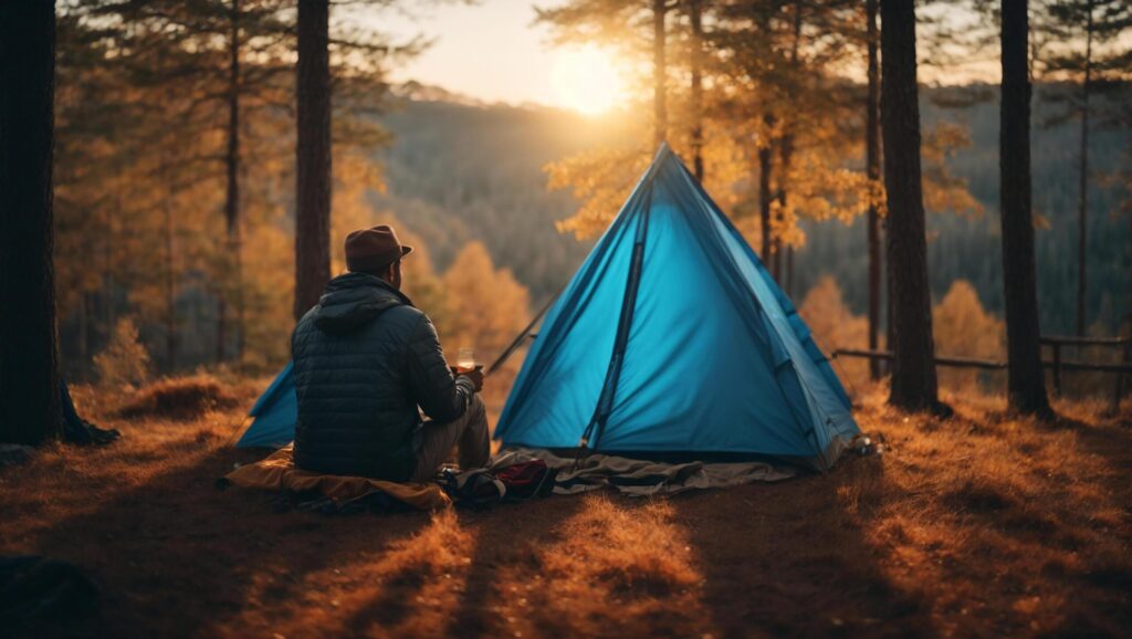 Traveler relaxing inside a blue tent and enjoy with morning time. AI Generative Free Photo