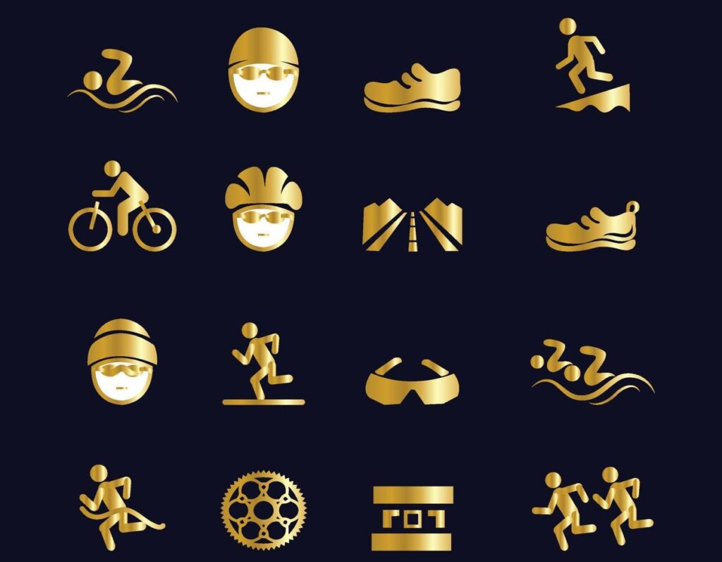 Triathlon golden icons on blue background Stock Free and Free SVG