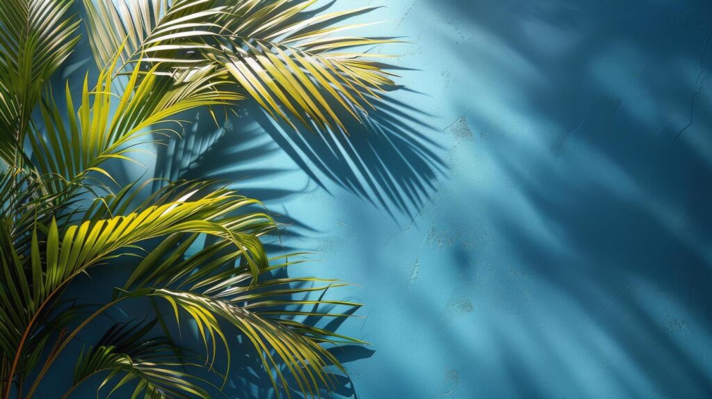 Tropical palm and monstera leaves bask in the sunlight, casting playful shadows on a serene blue background, evoking a relaxed island atmosphere. Stock Free