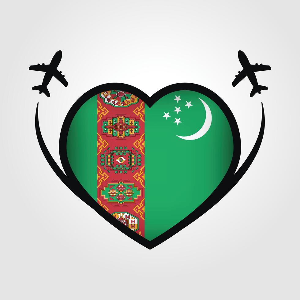 Turkmenistan Travel Heart Flag With Airplane Icons Stock Free