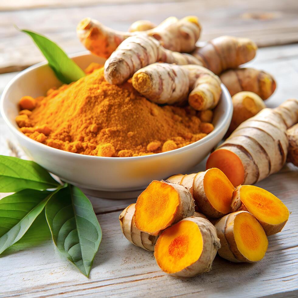 Turmeric roots, Curcuma longa on wooden table, top view fresh organic curcumin spice and blurred background of turmeric powder in white bowl Stock Free