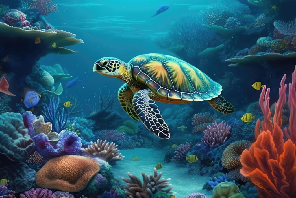 turtle swimming through luminescent vibrant colorful coral reef . Free Photo