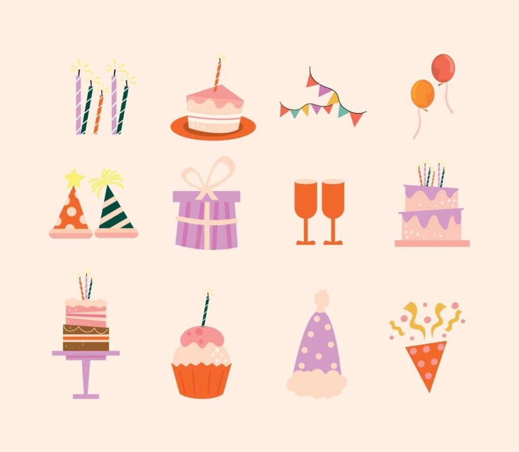 twelve happy birthday icons Stock Free