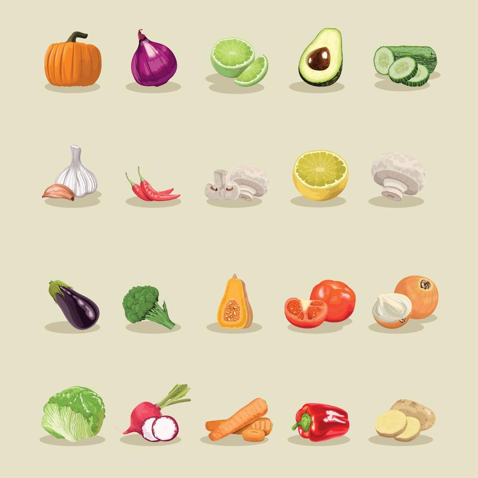 twenty fresh vegetables icons Stock Free