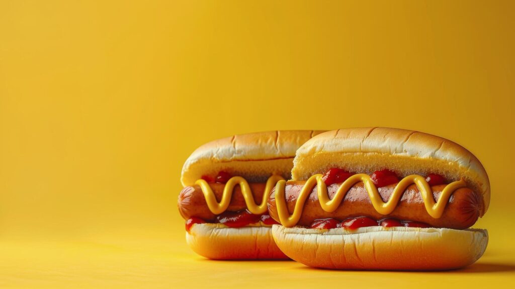 Two Hotdogs With Mustard and Ketchup on Yellow Background Stock Free