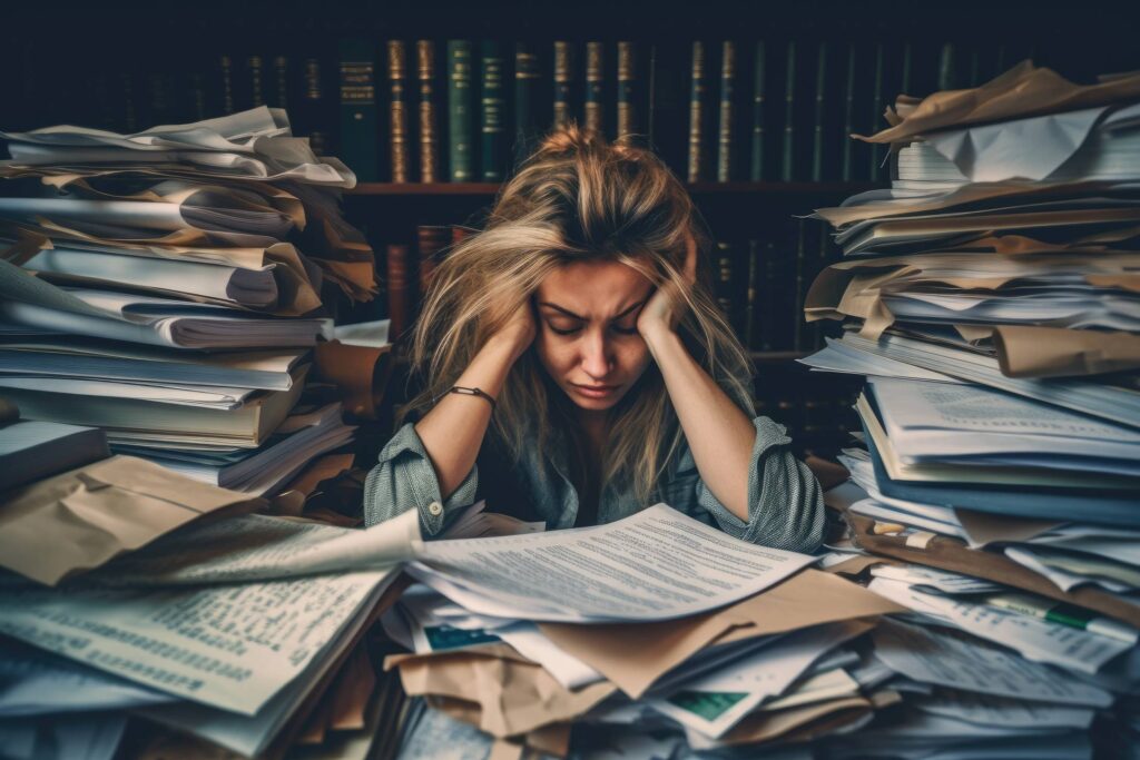 Unhappy Tired Working Woman Overwhelmed by Office Documents Stock Free