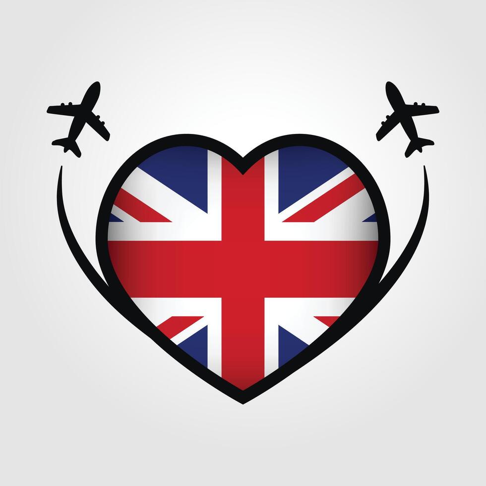 United Kingdom Travel Heart Flag With Airplane Icons Stock Free