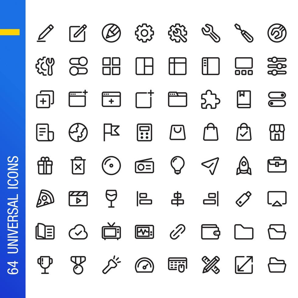 Universal essential UI UX icon set in outlined style. Suitable for design element of user interface, operating system navigation, and app icon. Stock Free