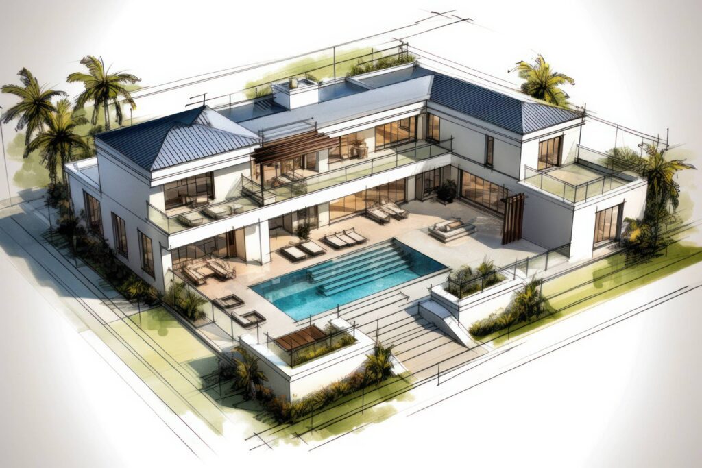 Upscale Luxury Villa with Swimming Pool Architect Sketching Plan Stock Free