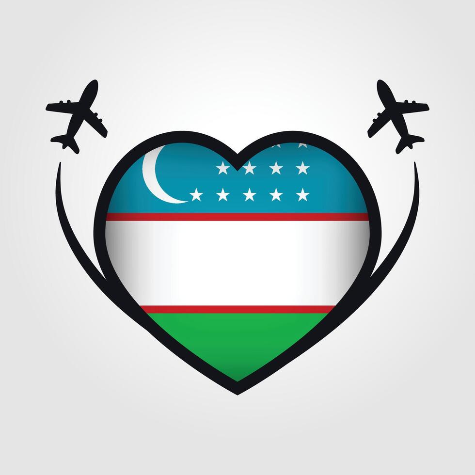 Uzbekistan Travel Heart Flag With Airplane Icons Stock Free