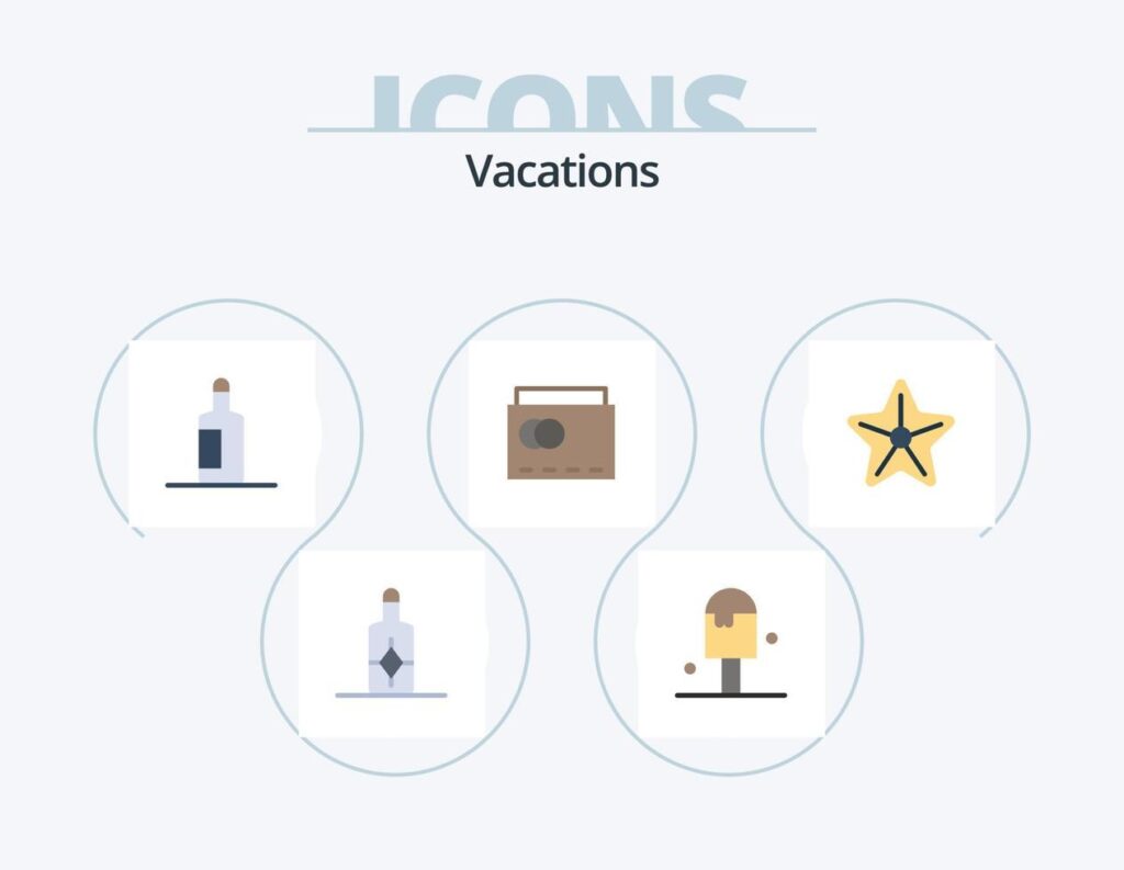 Vacations Flat Icon Pack 5 Icon Design. starfish. sea. drink. beach. handbag Stock Free