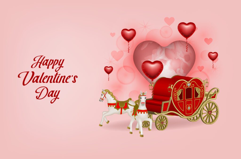 valentine’s day greeting card with heart shaped carriage and balloons. valentines day background with heart shaped moon Free Vector