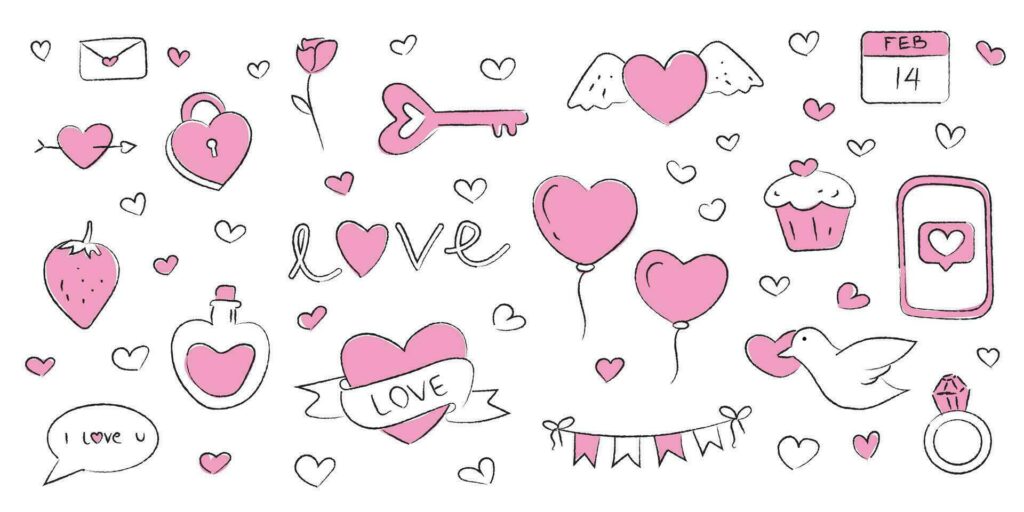 Valentine’s Day Hand-Drawn Doodle Elements, Hand-Drawn Valentine’s Day Doodle Icons, Valentine’s Day Doodle Elements Pack Stock Free