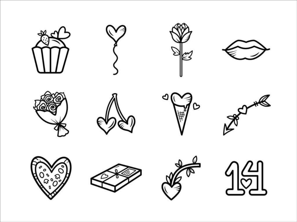 Valetine, love, and romance themed vector icon set collection illustration with black outline isolated on horizontal white background. Simple flat cartoon minimalist art styled drawing. Stock Free