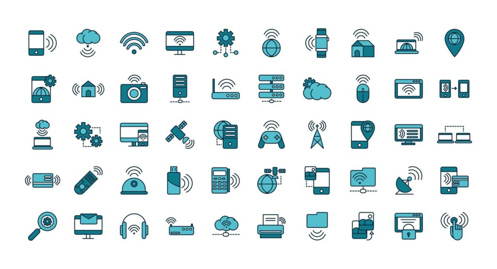 Various devices and internet line-art icon set Stock Free