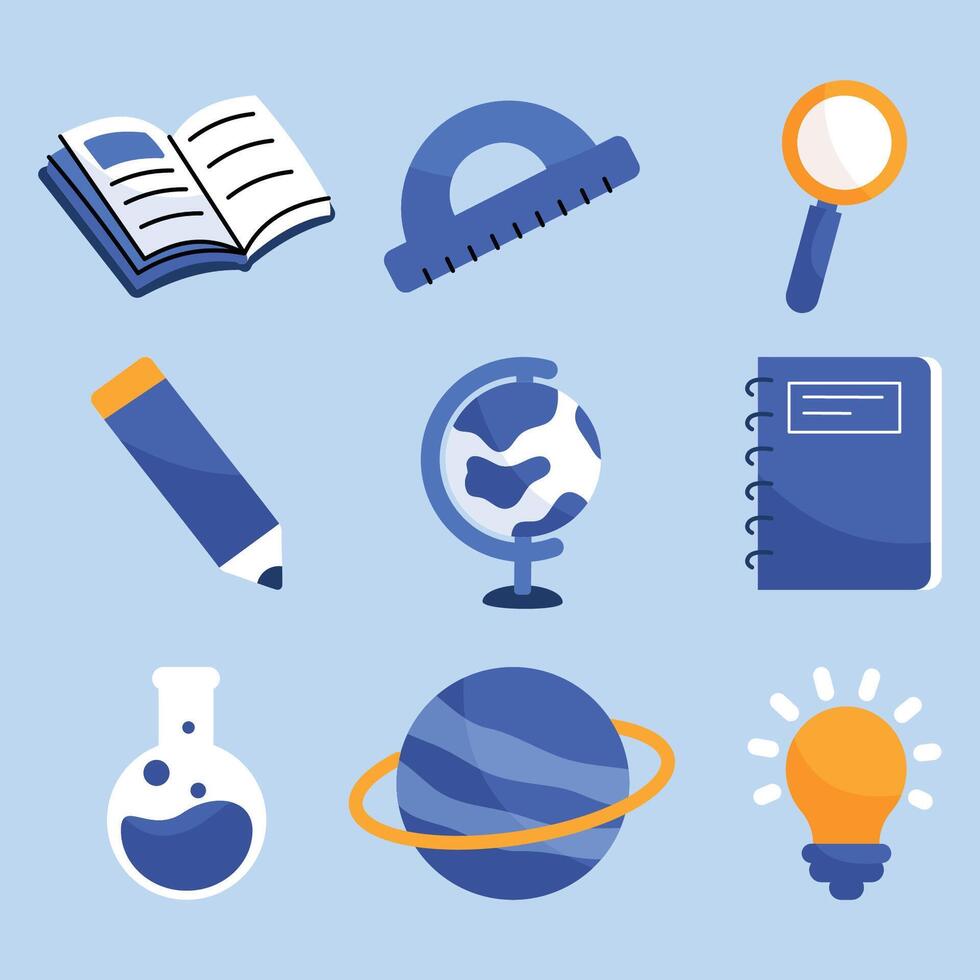 various school supplies icons on a blue background Stock Free