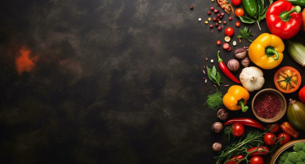 Vegetables set and spices for cooking on dark background. AI Generated Stock Free