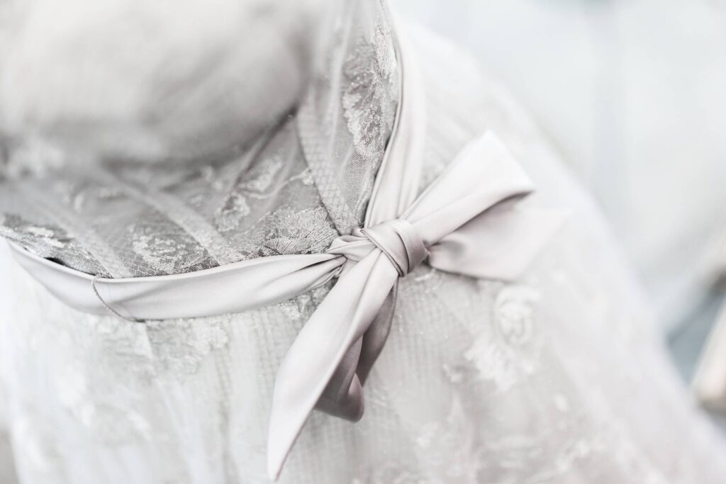 Velvet Bow on Silver Wedding Dress Free Photo