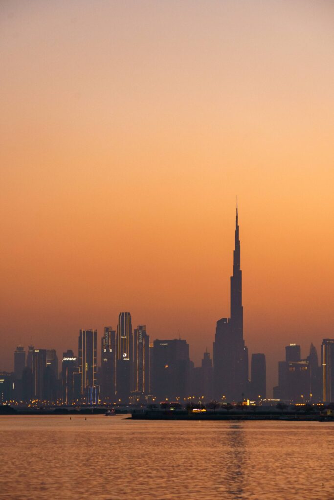 View of the City of Dubai and Burj Khalifa at Sunset Free Photo