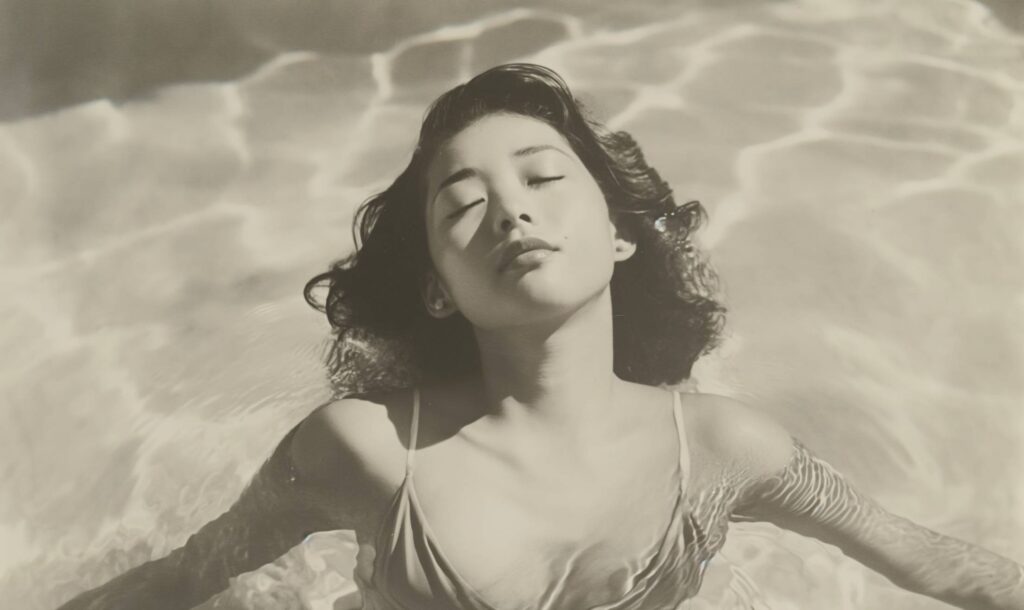 Vintage Retro Sepia Tone Archive Photo of a Young Japanese Woman in a Pool Stock Free