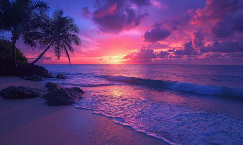 Violet Colorful Sunset Sky on The Beach Stock Free