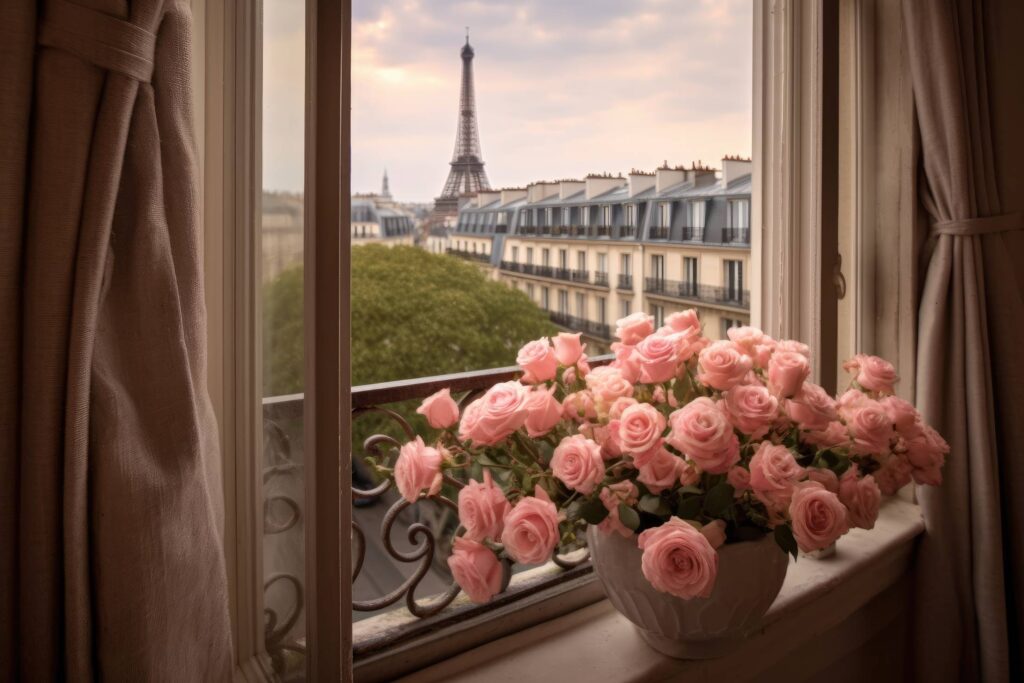 Pink Roses in Paris Window Stock Free