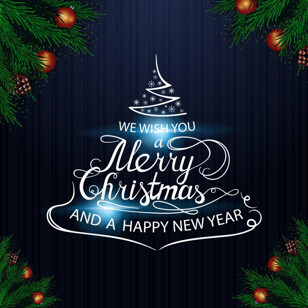 We wish you a Merry Christmas and a Happy New Year, Christmas Calligraphic sign in form of Christmas tree on dark background Free Vector