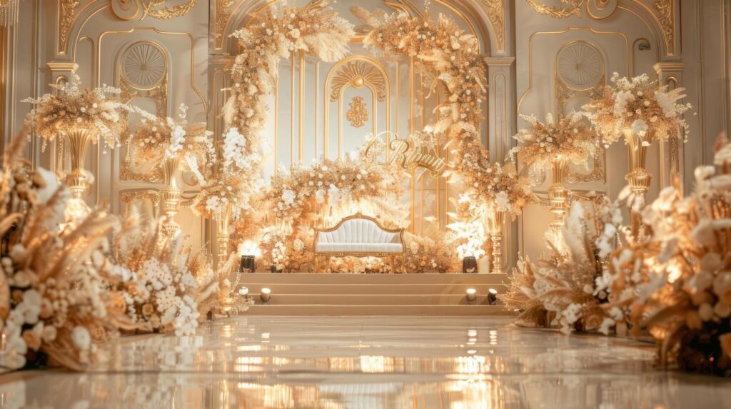 Wedding stage decoration background inside the building with elegant and beautiful flower decorations Stock Free