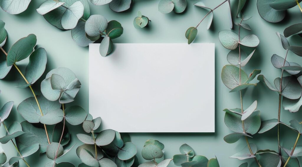 White Card Mockup Surrounded by Eucalyptus Leaves on Green Background Stock Free