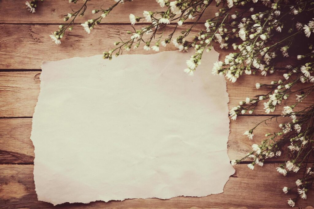 White flower on grunge wood board and paper background with space. Stock Free