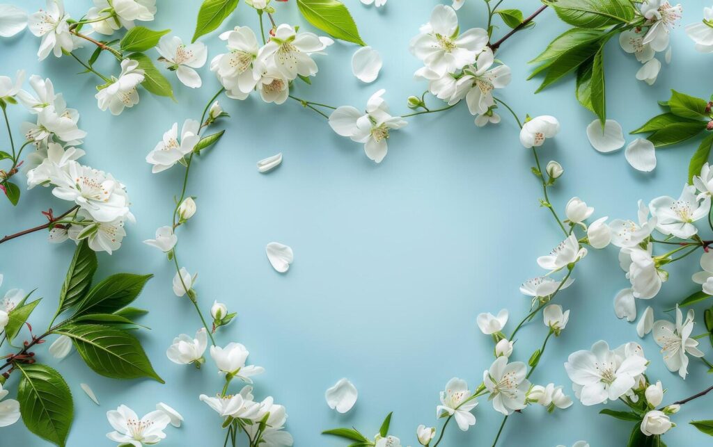 White Flowers and Green Leaves on Blue Background Stock Free