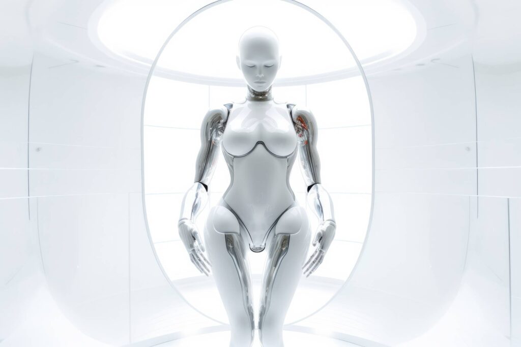 White Humanoid Robotic Woman in Laboratory Stock Free