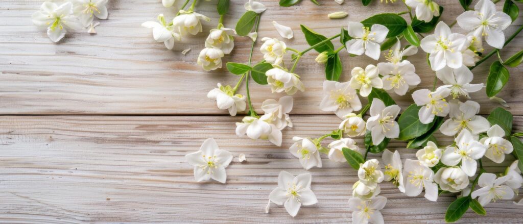 White Jasmine Flowers Wooden Background Stock Free