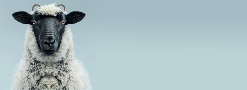 White lamb isolated on blue. Close-up of a young sheep looking at camera with copy space, ai-generated Free Photo