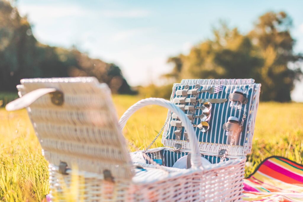 White Picnic Basket with Service on a Meadow Free Photo