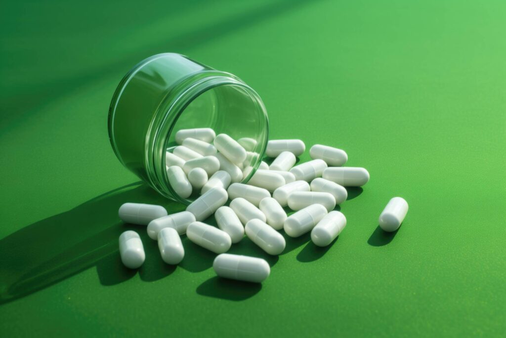 White Pills in Glass Jar on Green Background Stock Free