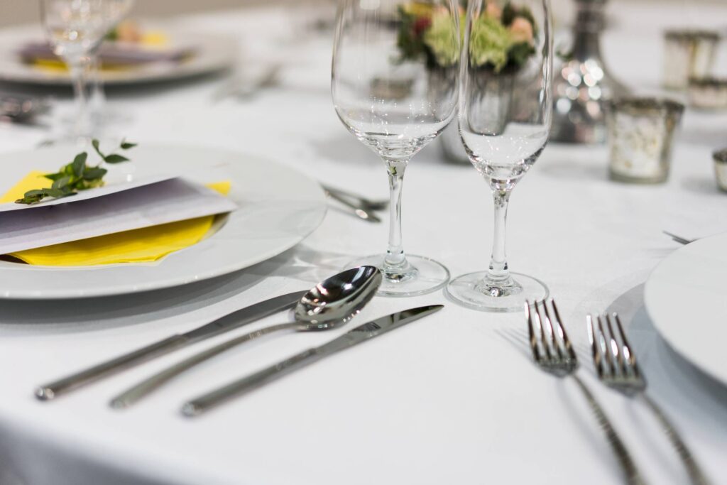 White Silver Wedding Table Setting Close Up Free Photo