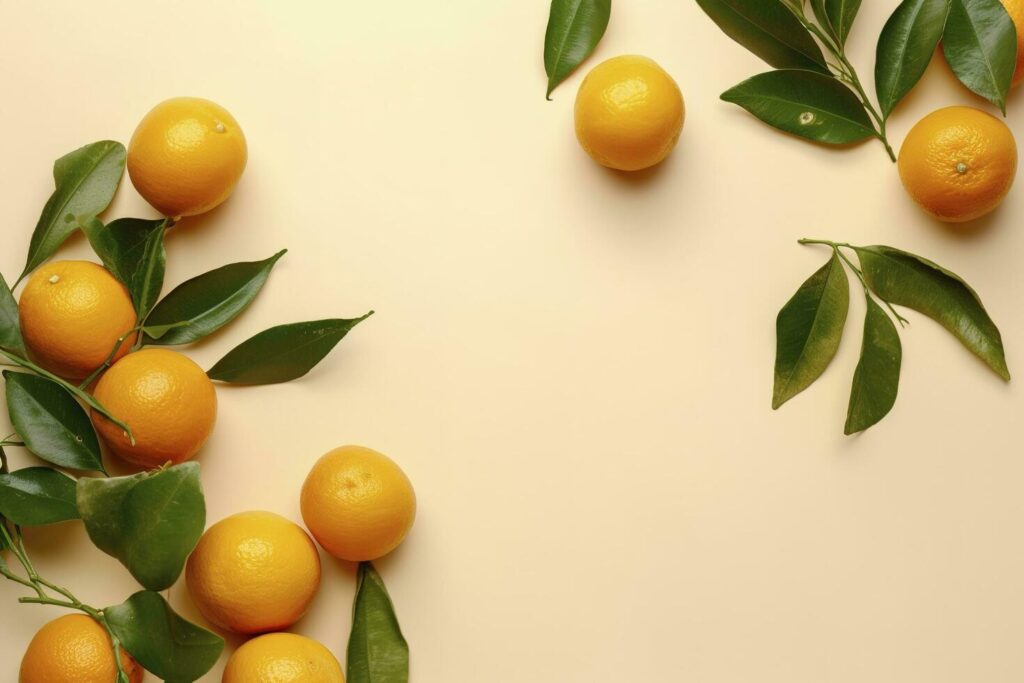 Whole orange yellow tangerines with green leaves on pastel beige background, copyspace. Citrus fruits mandarines as minimal food frame background, empty space, above view, generate ai Stock Free